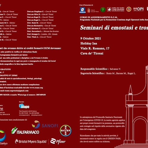 Cava de' Tirreni, 9 ottobre la prima edizione “Seminari su Emostasi e Trombosi"