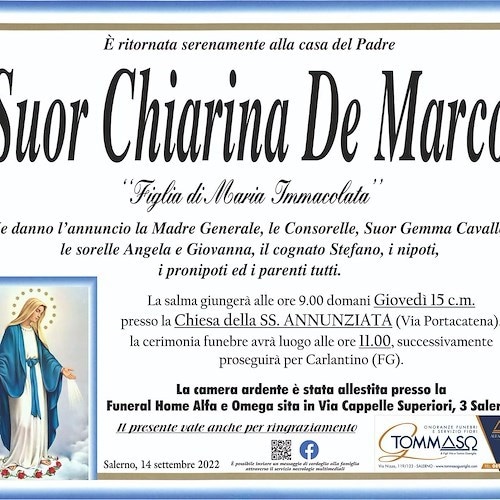 Dolore a Salerno, all'età di 84 anni si è spenta Suor Chiarina