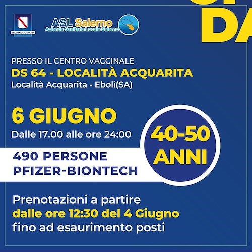 Domenica open day Pfizer presso il Centro Vaccinale di Eboli, al via prenotazioni per fascia 40-50 anni