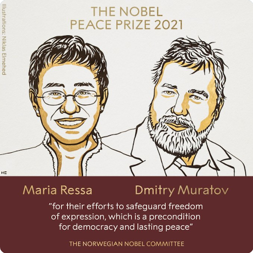Il Premio Nobel per la Pace a Maria Ressa e Dmitry Muratov, promotori della libertà di espressione