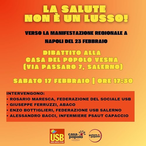 «In Campania curarsi è un lusso!», 23 febbraio l’USB scende in piazza a Napoli per il diritto alla salute