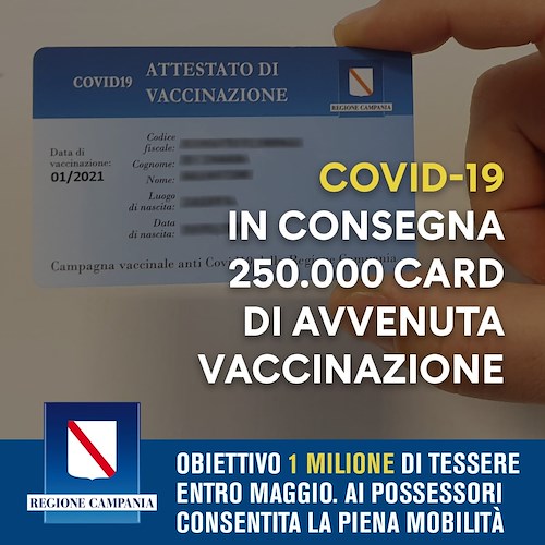 In Campania vaccinato il 100% degli over 80 deambulanti, in corso consegna 250mila card vaccinali